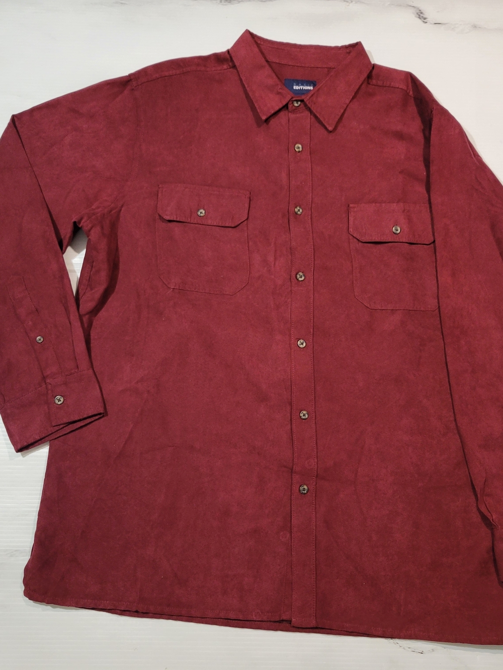 ​Basic Editions Mens XL Burgundy Faux Suede Long Sleeve Button Up Shirt Flap